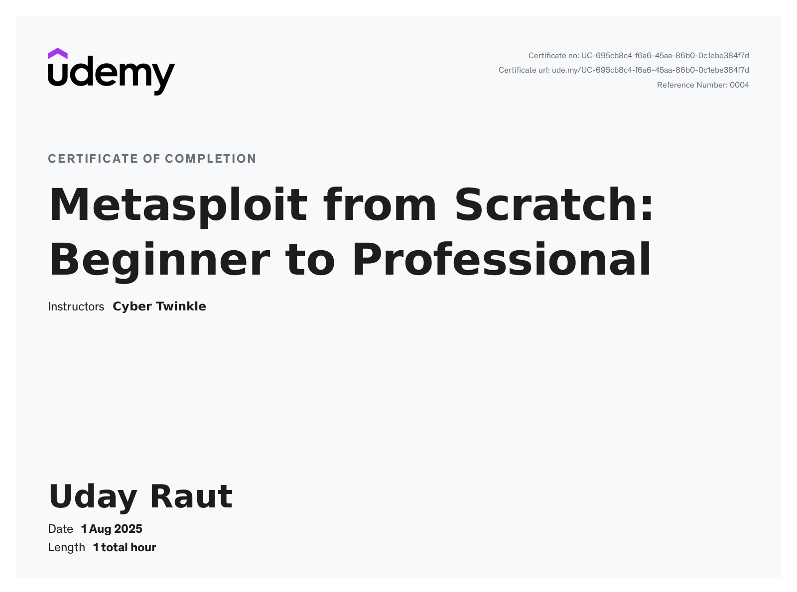 Metasploit Framework Certificate